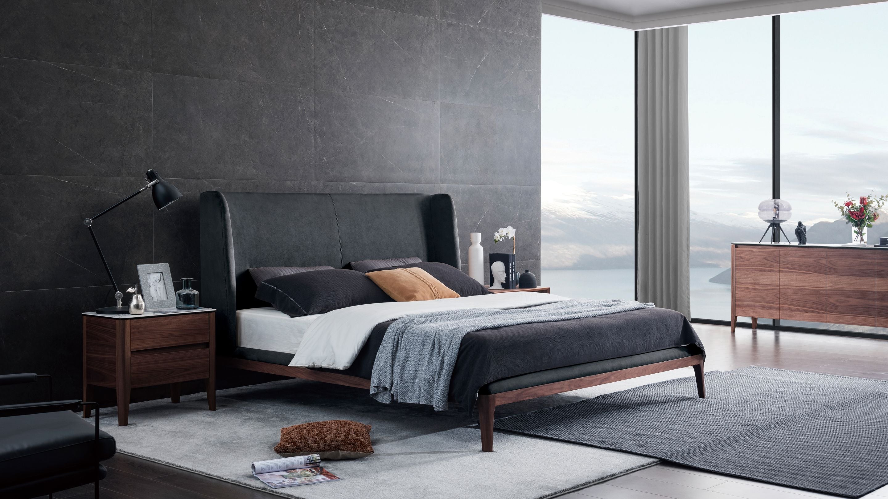 Olivia Bed with Alaska Walnut Bedside Tables