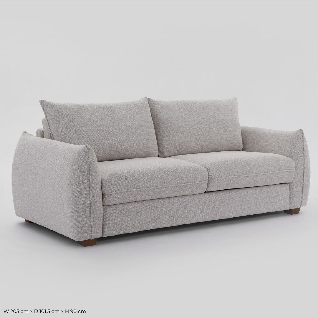 Franka Sofa Bed three-seat sofa in light grey woven fabric, angled studio view