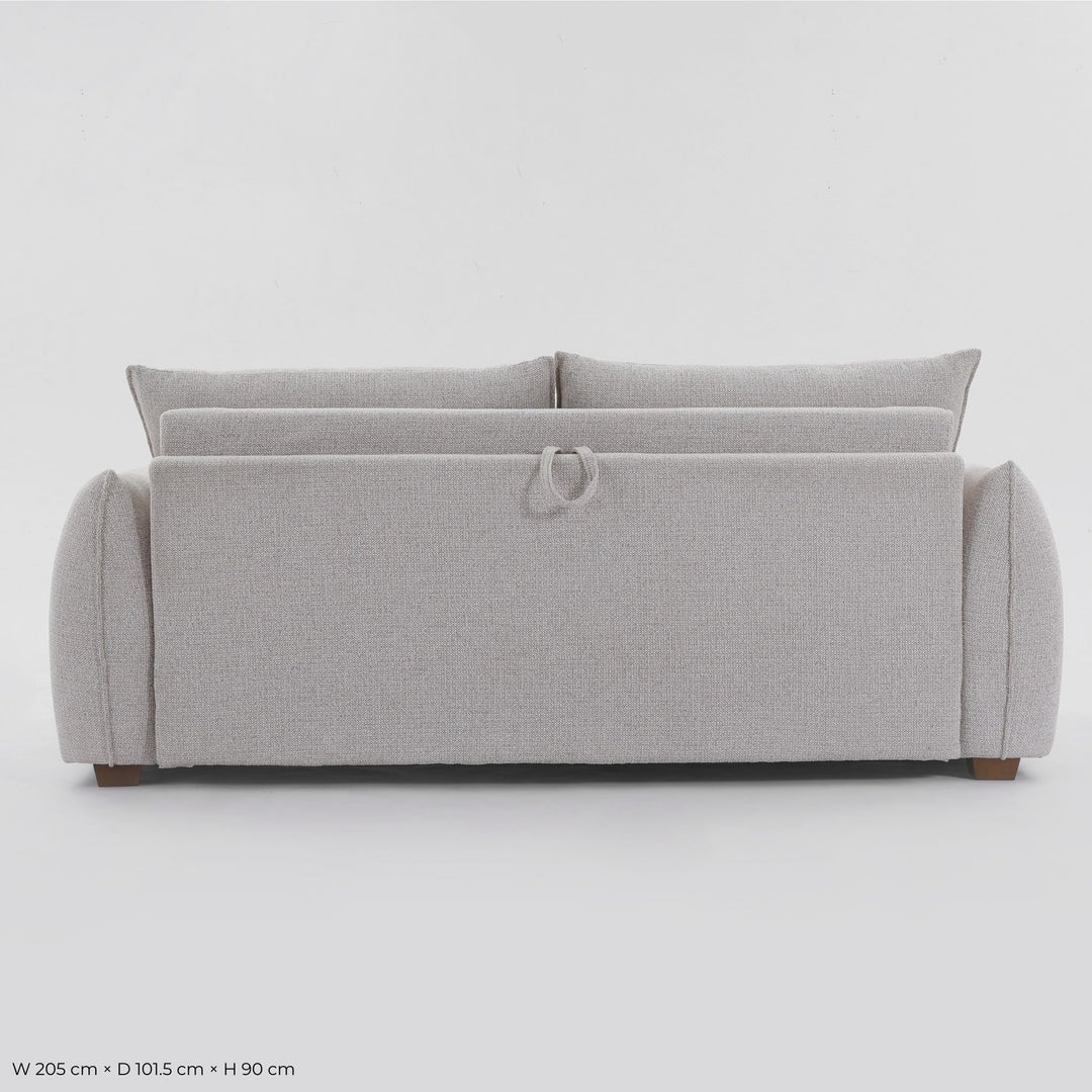 Back view of the Franka Sofa Bed showing the reverse upholstery and fold-out pull loop