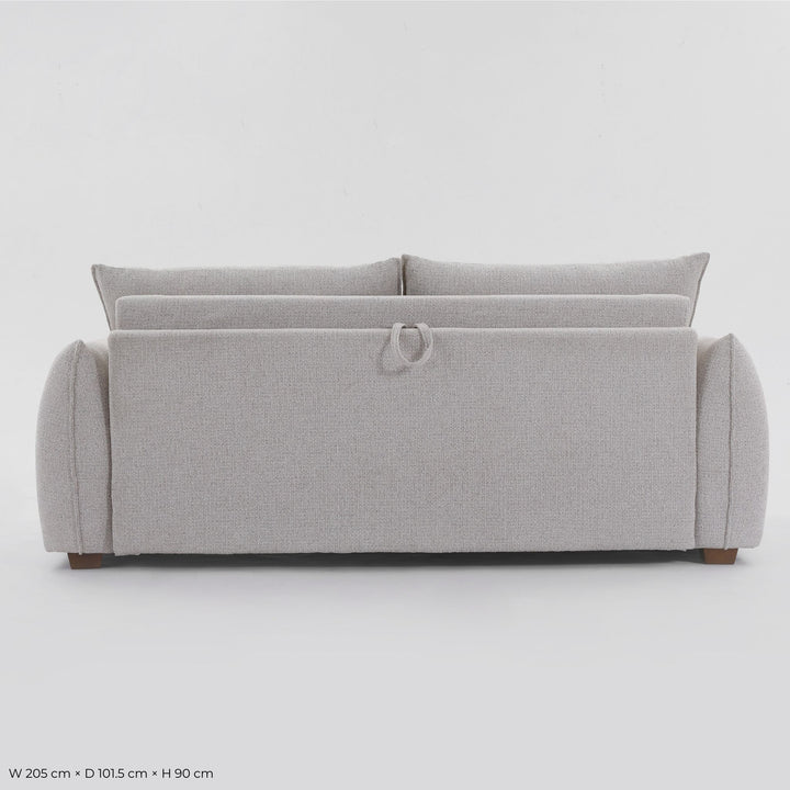 Back view of the Franka Sofa Bed showing the reverse upholstery and fold-out pull loop