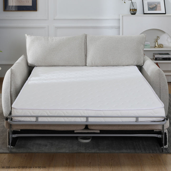 Franka Sofa Bed opened into a double bed, front view showing the back cushions and fold-out frame