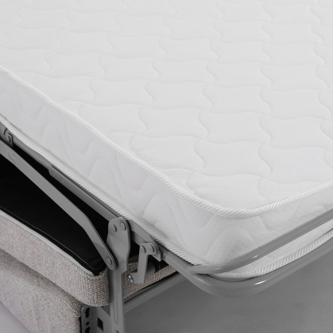 Close-up of the Franka Sofa Bed's quilted memory-foam mattress and heavy-duty steel fold-out frame