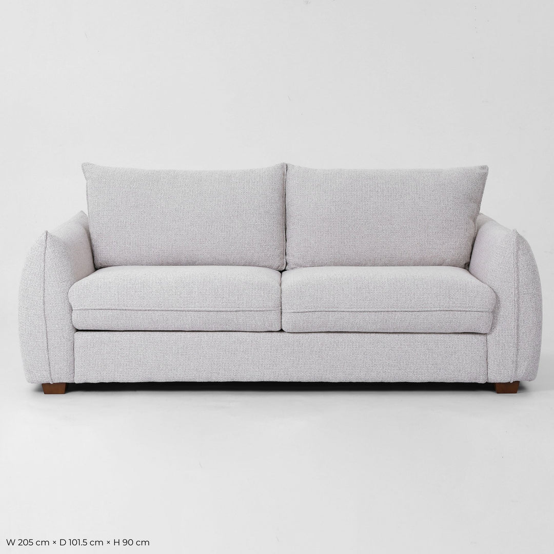 Franka Sofa Bed three-seat sofa in light grey woven fabric, front studio view