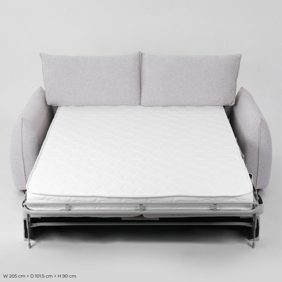 Franka Sofa Bed opened into a double bed, front studio view with the mattress extended