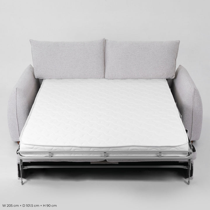 Franka Sofa Bed opened into a double bed, front studio view with the mattress extended