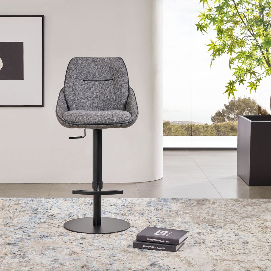 Henry Gas Lift Barstool shown in FC-MILAN-456 fabric with FD-BACH-99 eco leather trim