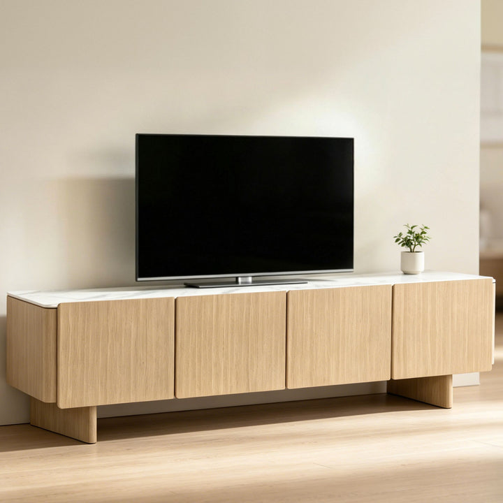 Iris TV Unit concealed storage behind soft-close, handle-free doors