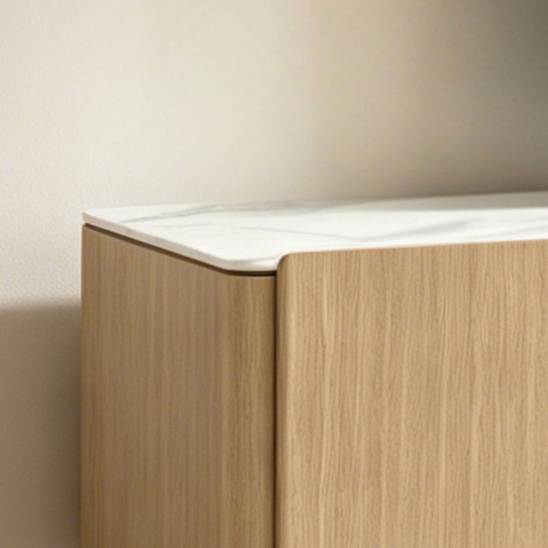Iris TV Unit detail of the Bianco ceramic stone top and Boston Oak timber