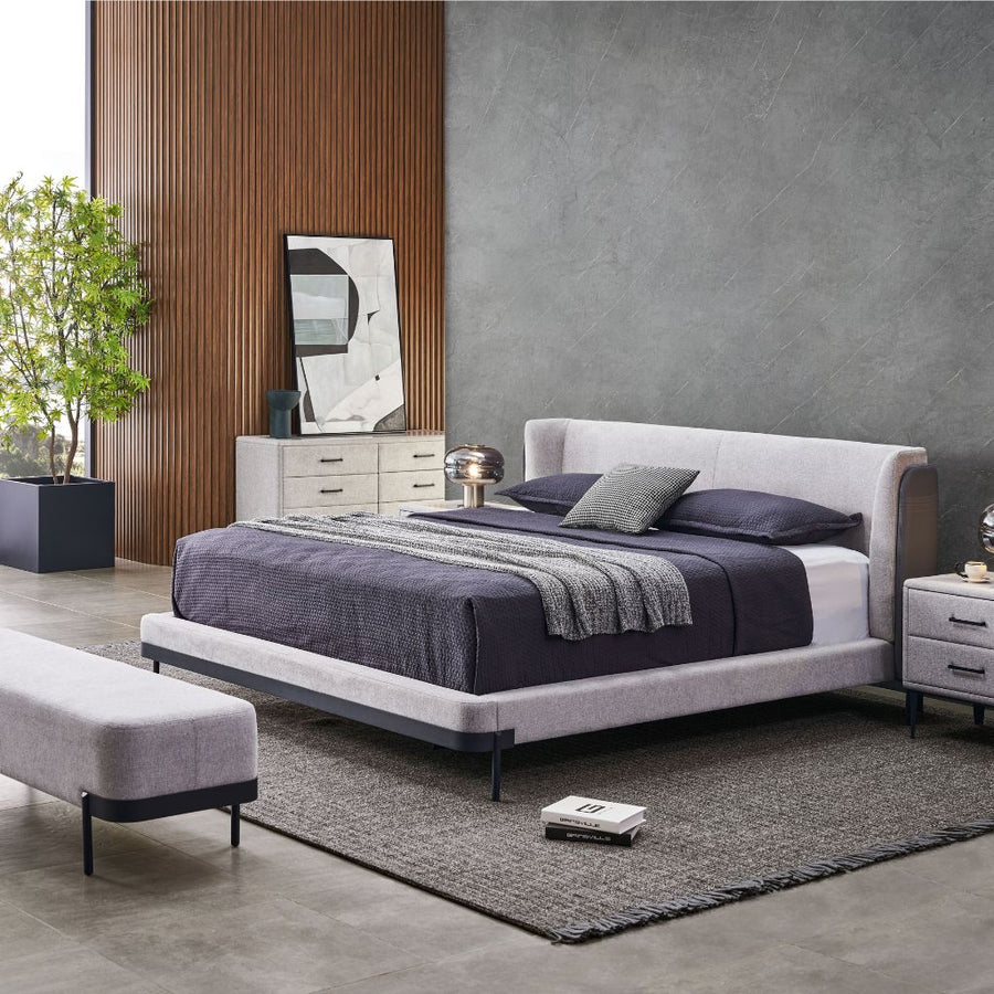 Kimberley Bed in FB-BELFAST-040 grey fabric with FD-LINCOLN-96 eco leather feature