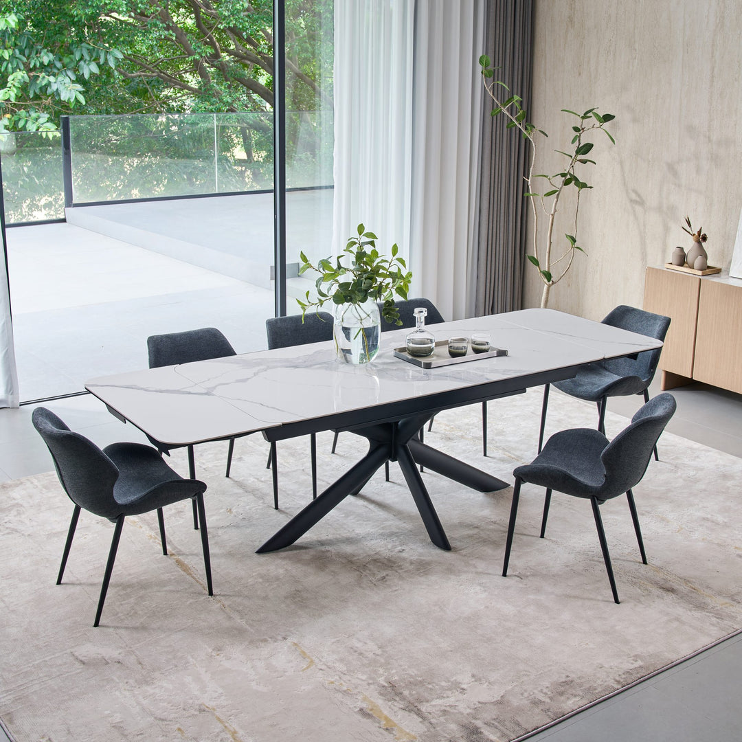 Ames Extension Dining Table extended, seating six with charcoal dining chairs