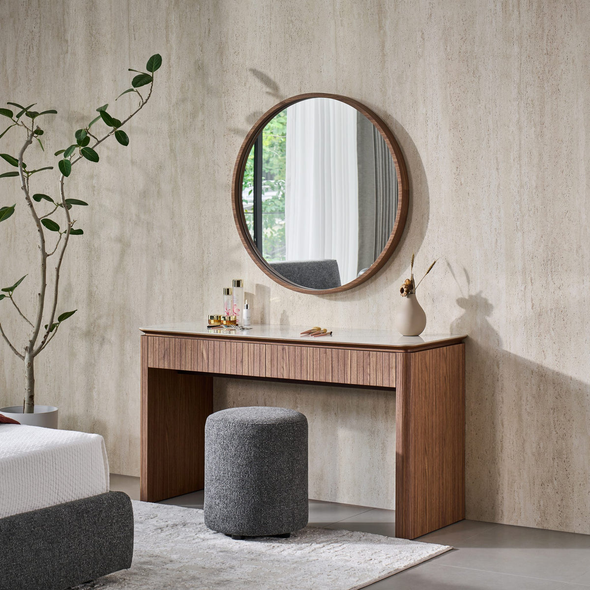 Ava Dressing Table 140cm in walnut with a Bianco ceramic top, angle view in a bedroom