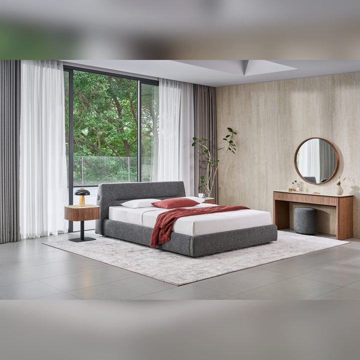 Ava Dressing Table in walnut in a bedroom with the Brooklyn Bed in charcoal