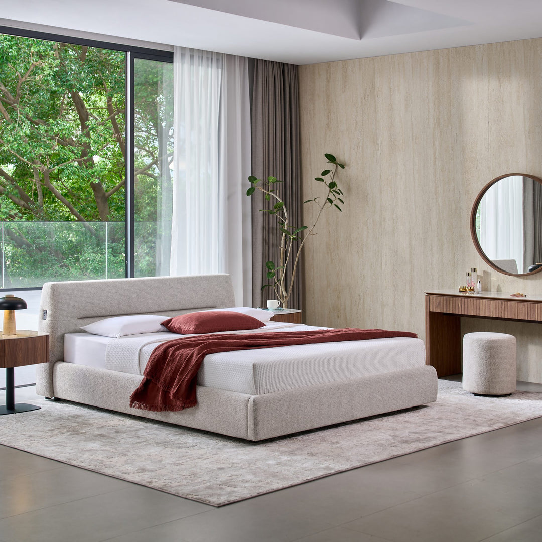 Ava Dressing Table in walnut beside the Brooklyn Bed in light grey