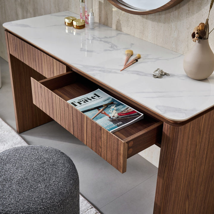 Ava Dressing Table with a soft-close drawer open under the Bianco ceramic top