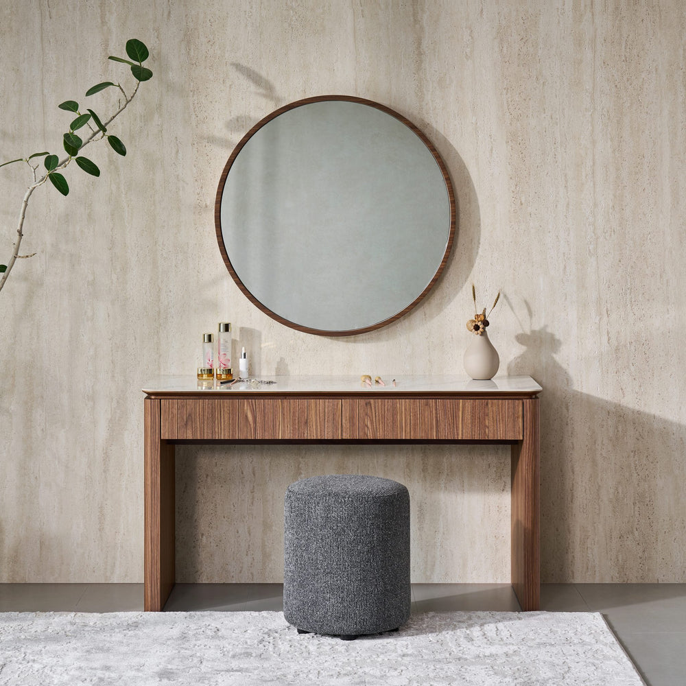 Ava Dressing Table front view showing the fluted walnut drawer fronts and Bianco ceramic top