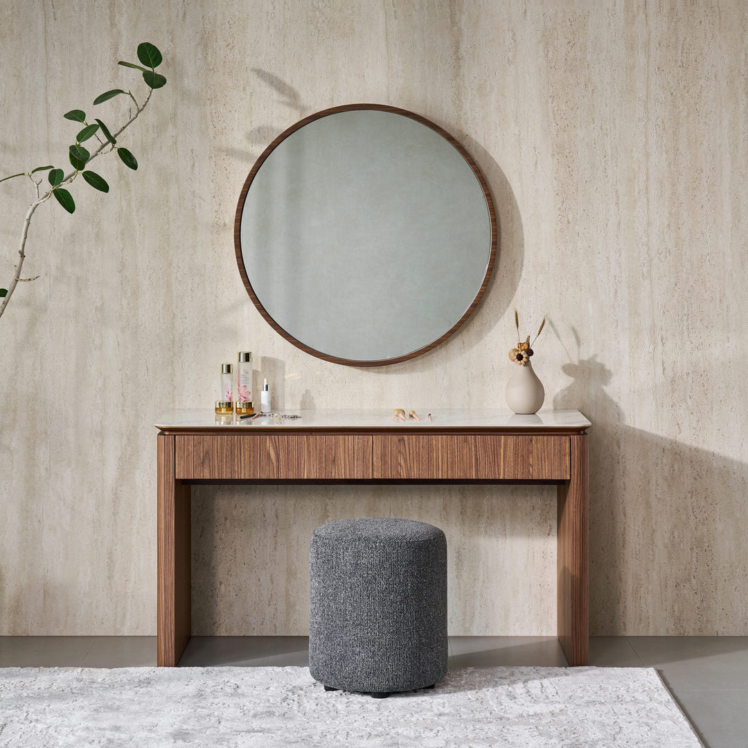 Ava Dressing Table front view showing the fluted walnut drawer fronts and Bianco ceramic top