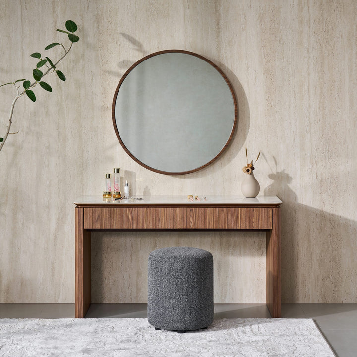 Ava Dressing Table front view showing the fluted walnut drawer fronts and Bianco ceramic top