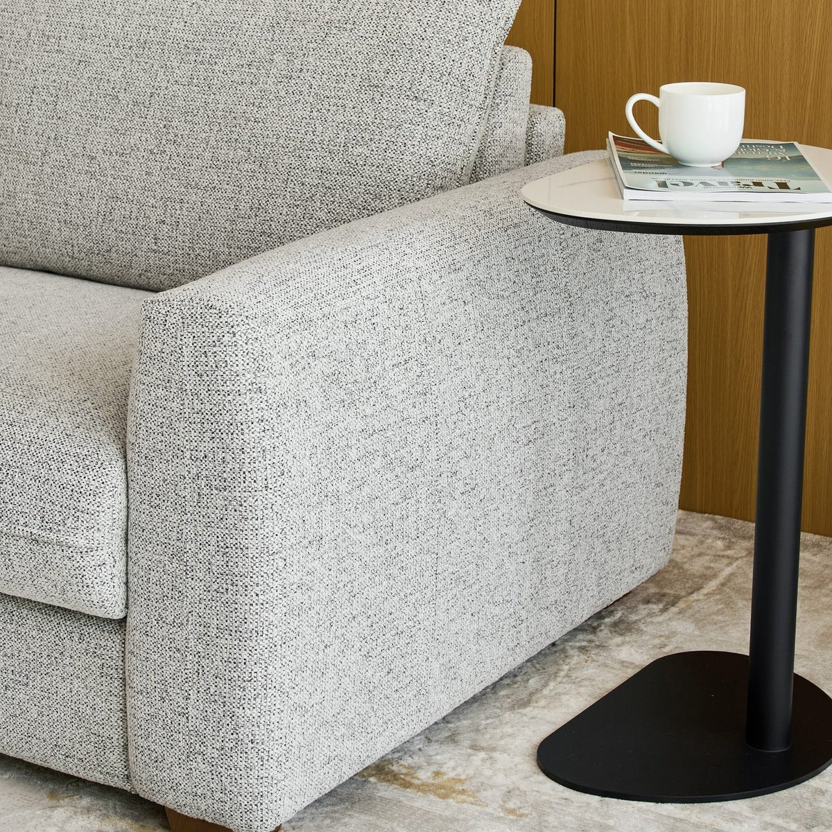 Ava Side Table ceramic top and black pedestal base detail