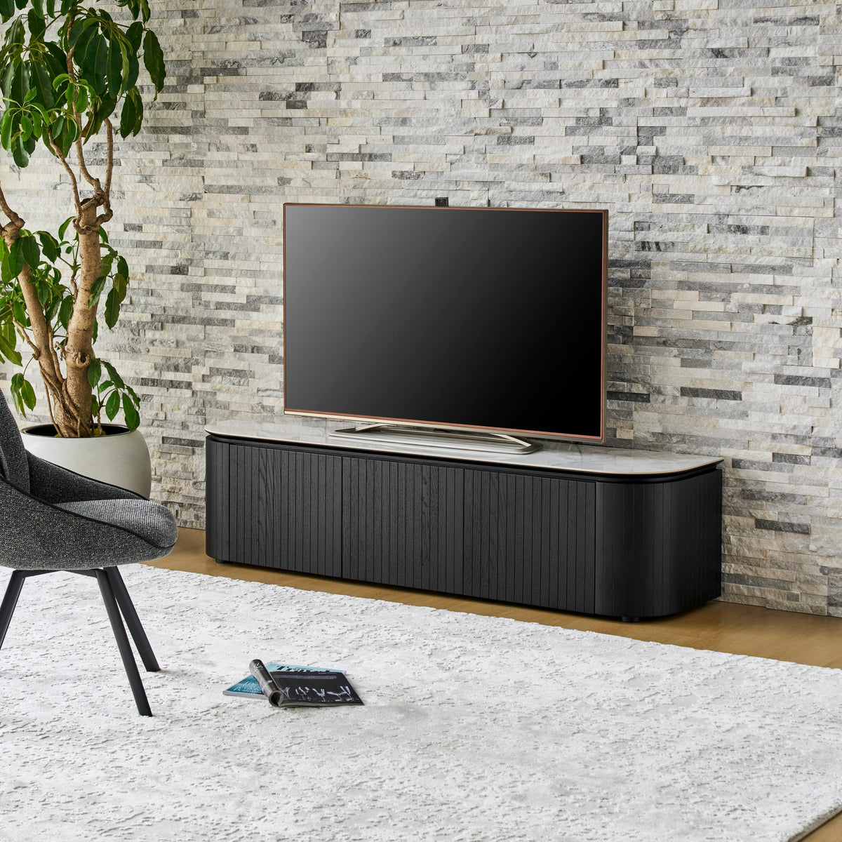 Ava TV Unit 180cm Black Oak with Bianco ceramic stone top, angle view