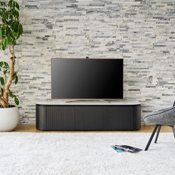 Ava TV Unit 180cm 3 door in Black Oak with Bianco ceramic stone top, front view