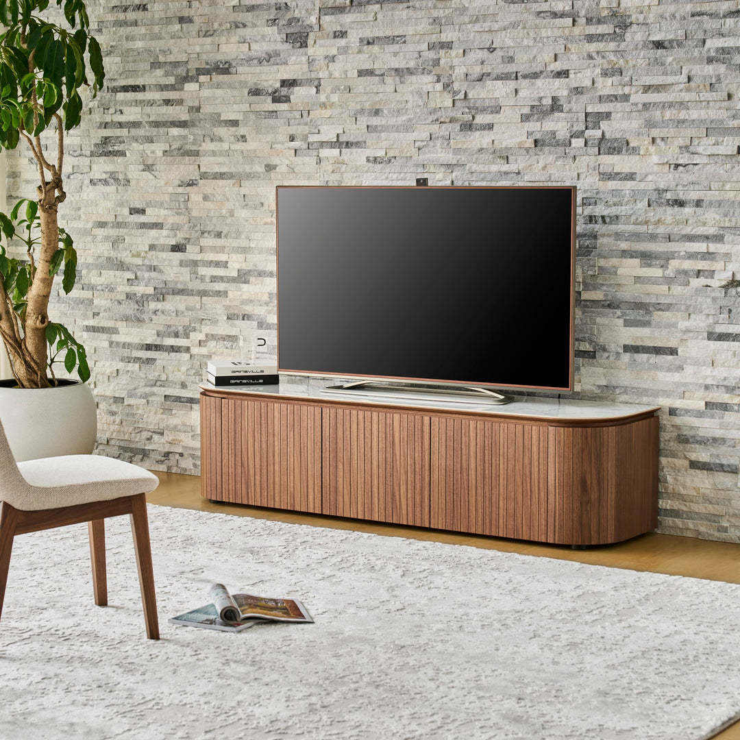 Ava TV Unit 180cm Walnut with Bianco ceramic stone top, angle view