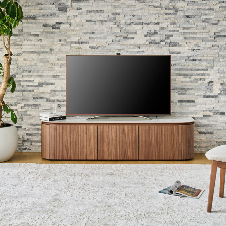 Ava TV Unit 180cm 3 door in Walnut with Bianco ceramic stone top, front view