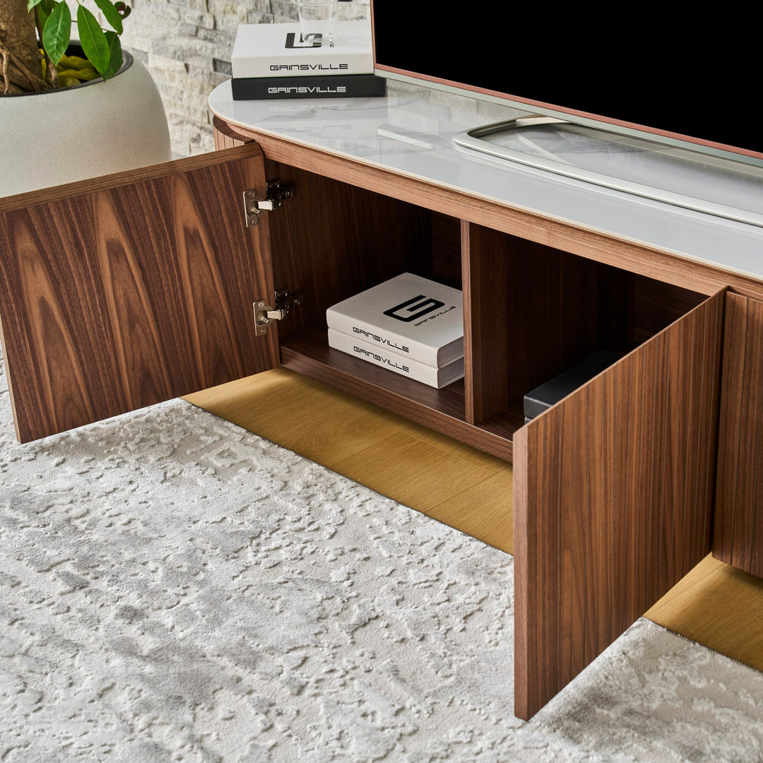 Ava TV Unit Walnut with doors open, showing concealed storage
