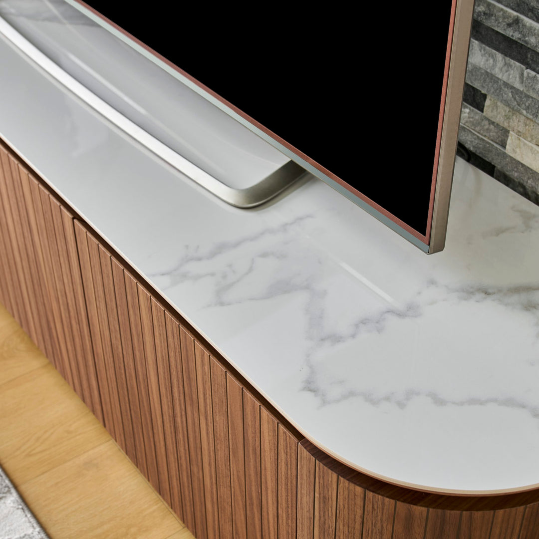 Ava TV Unit 180cm Walnut, Bianco ceramic stone top detail
