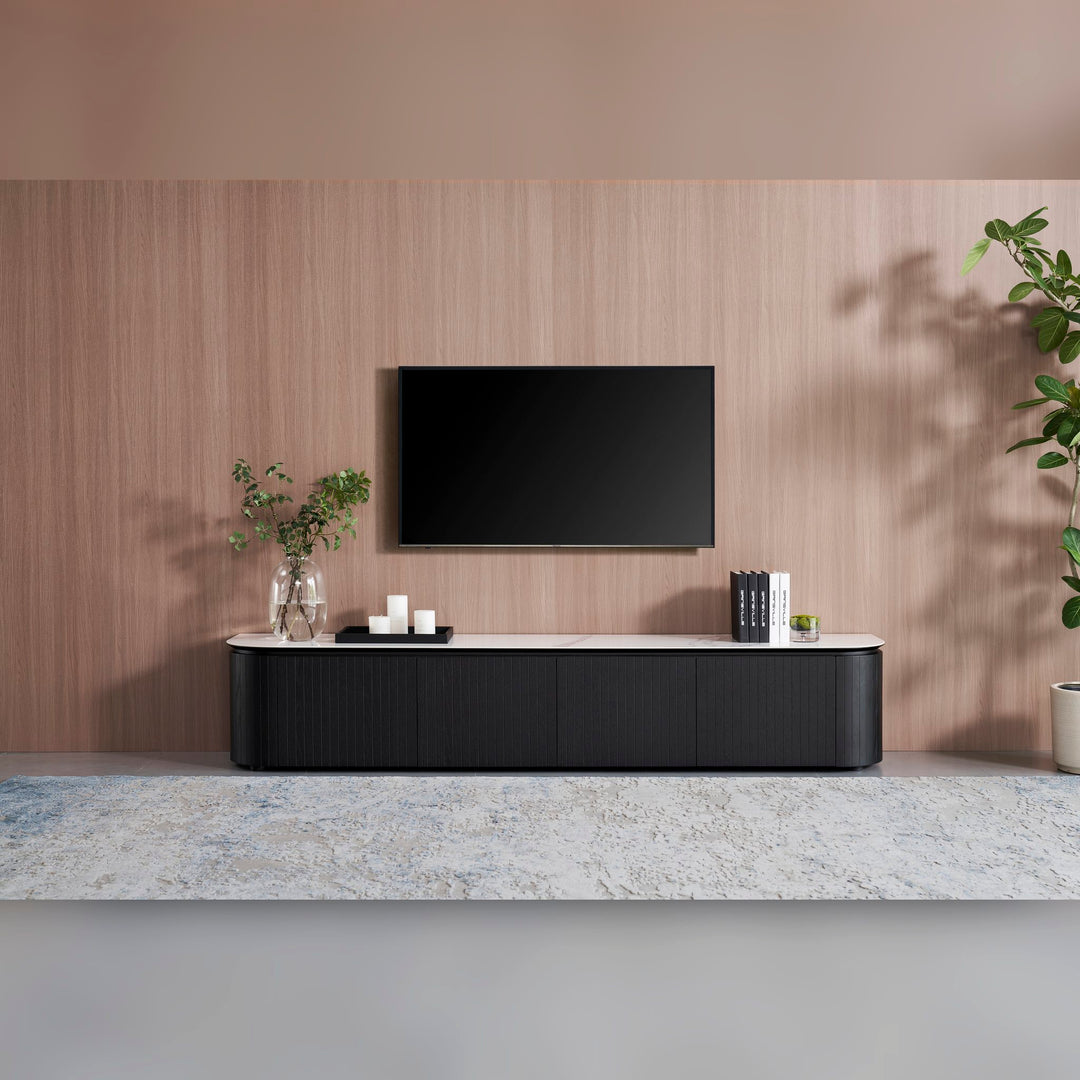 Ava TV Unit 240cm 4 door in Black Oak with Bianco ceramic stone top, front view