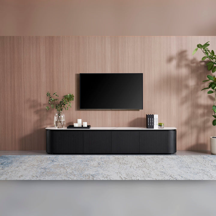 Ava TV Unit 240cm 4 door in Black Oak with Bianco ceramic stone top, front view