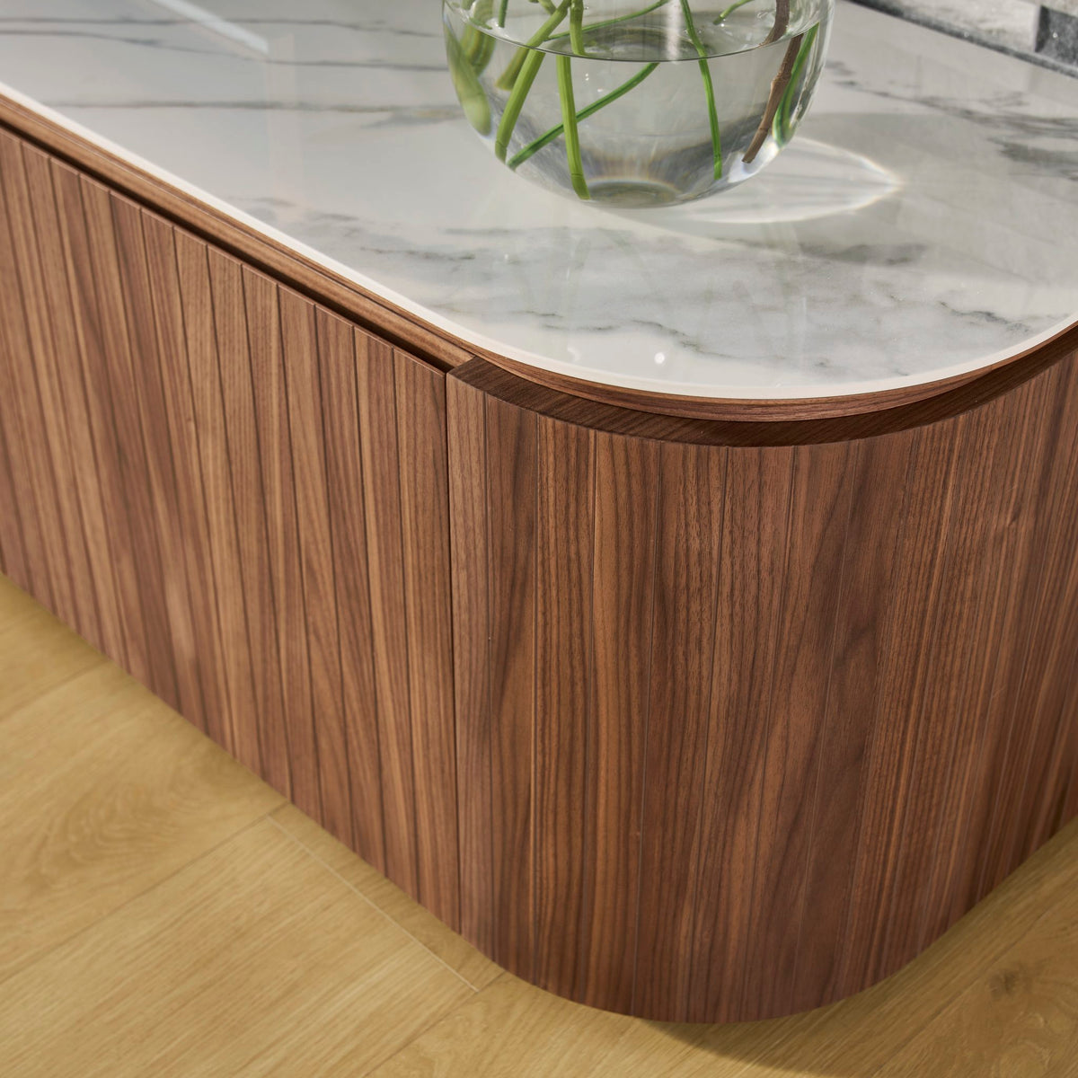 Ava TV Unit 240cm Walnut, curved corner and fluted panelling detail