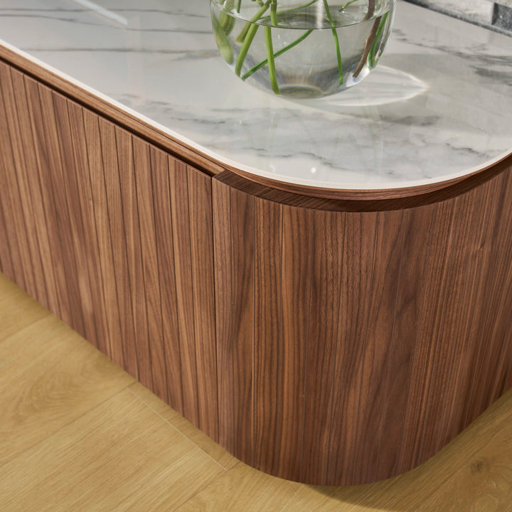 Ava TV Unit 240cm Walnut, curved corner and fluted panelling detail