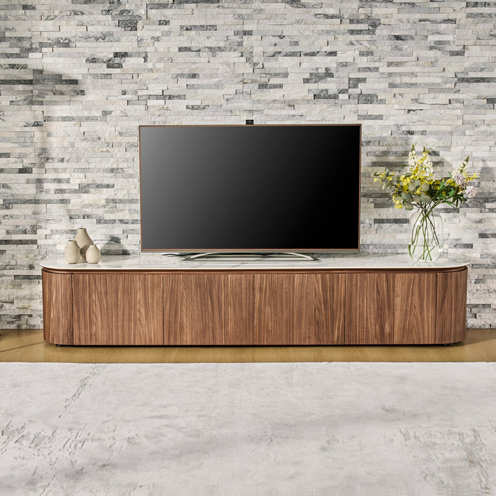 Ava TV Unit 240cm 4 door in Walnut with Bianco ceramic stone top, front view
