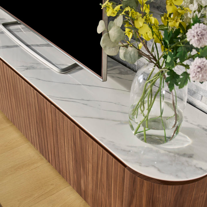 Ava TV Unit 240cm Walnut, Bianco ceramic stone top detail