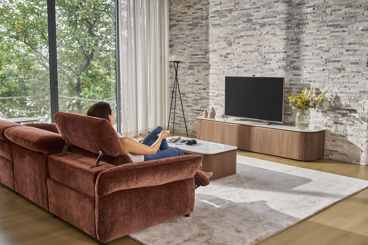 Living room with the Isla recliner sofa facing the Ava TV Unit 240cm in Walnut