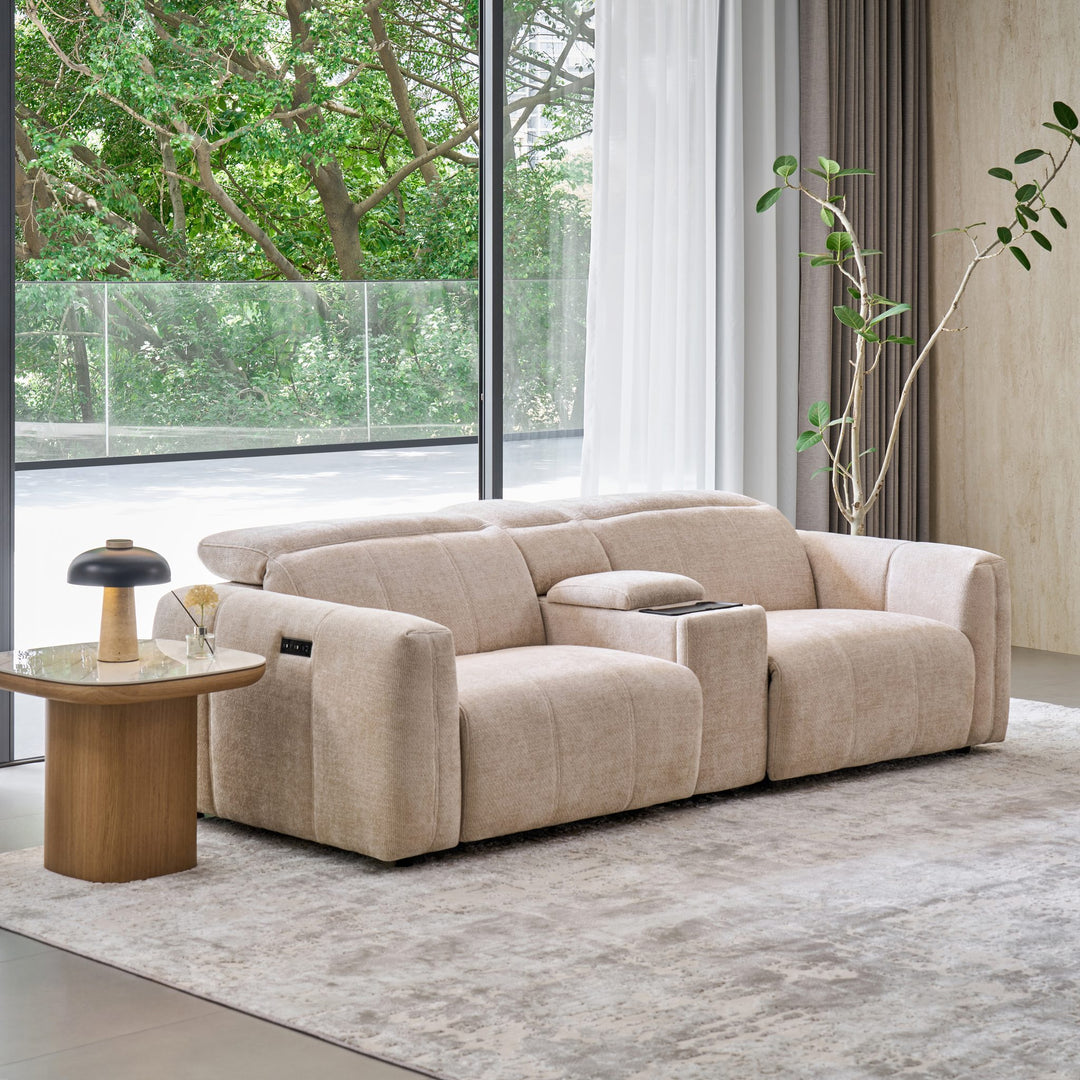 Bailey 2 Seat Sofa in beige fabric with the Bailey Sofa Media Console between the seats