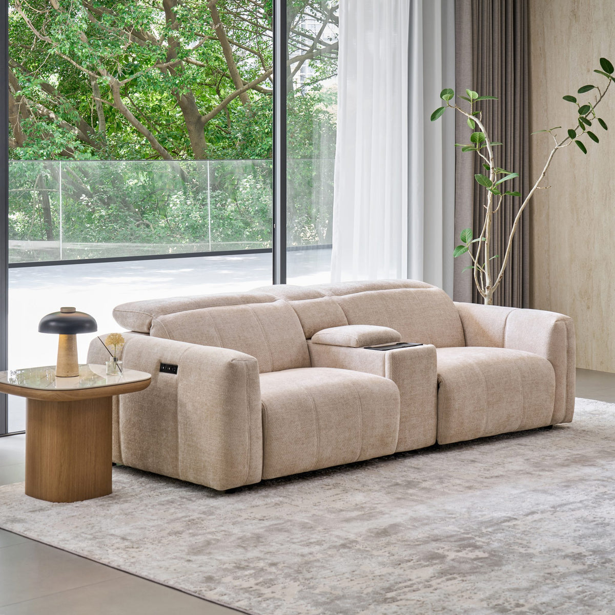 Bailey 2 Seat Sofa in beige fabric with the Bailey Sofa Media Console between the seats