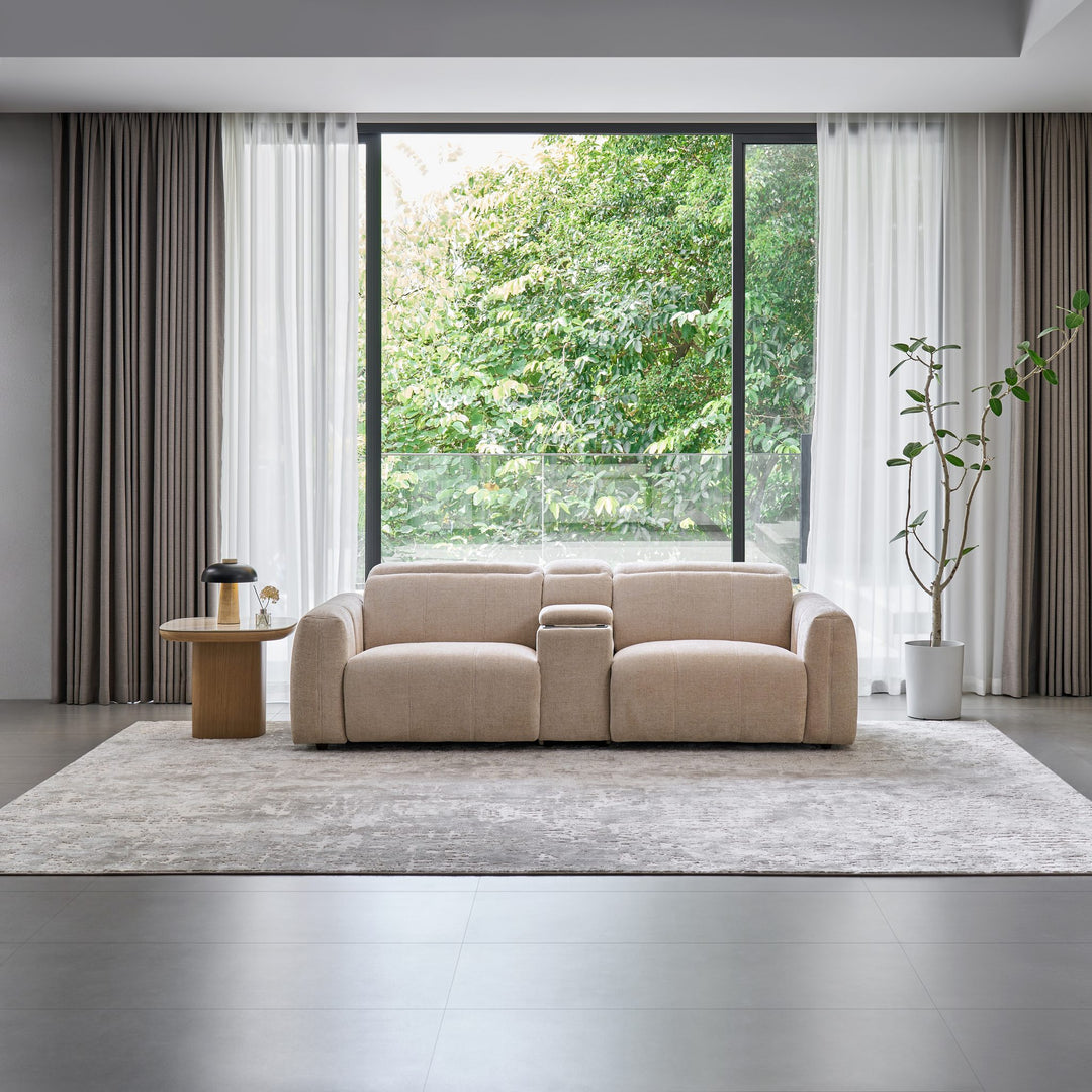 Bailey 2 Seat Sofa in beige fabric with a Sofa Media Console, front view