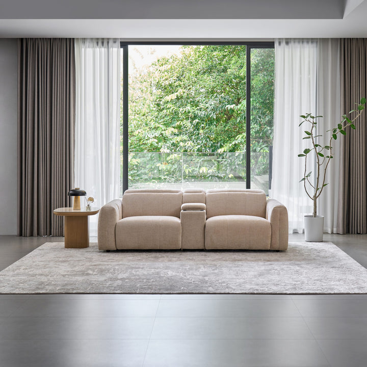 Bailey 2 Seat Sofa in beige fabric with a Sofa Media Console, front view