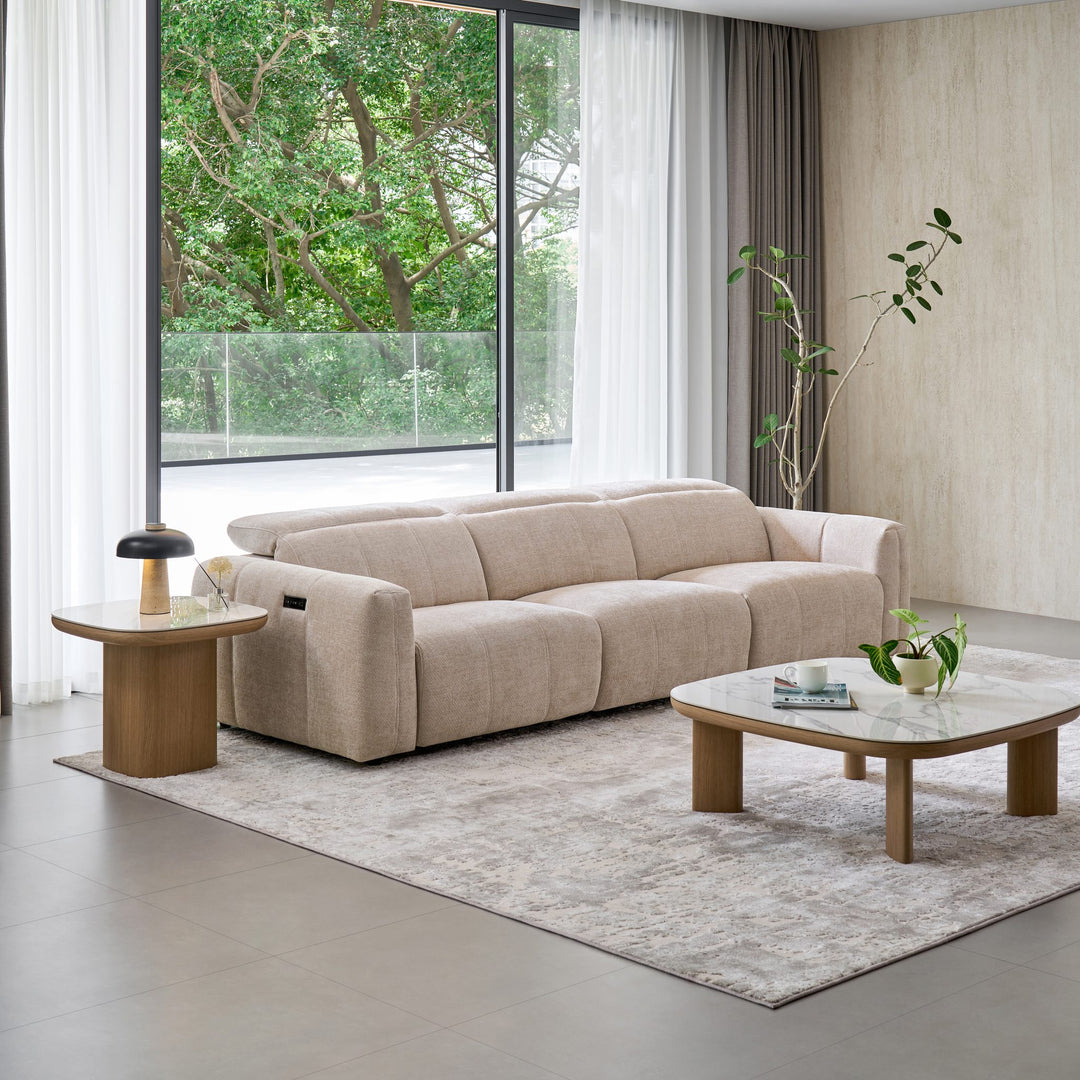 Bailey 3 Seat Sofa recliner in beige fabric, angle view