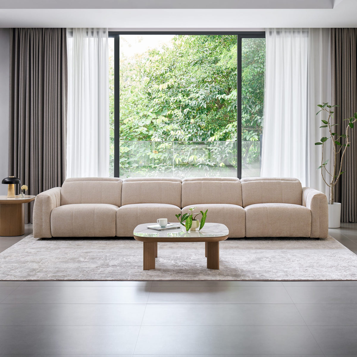 Bailey 4 Seat Sofa recliner in beige fabric, front view