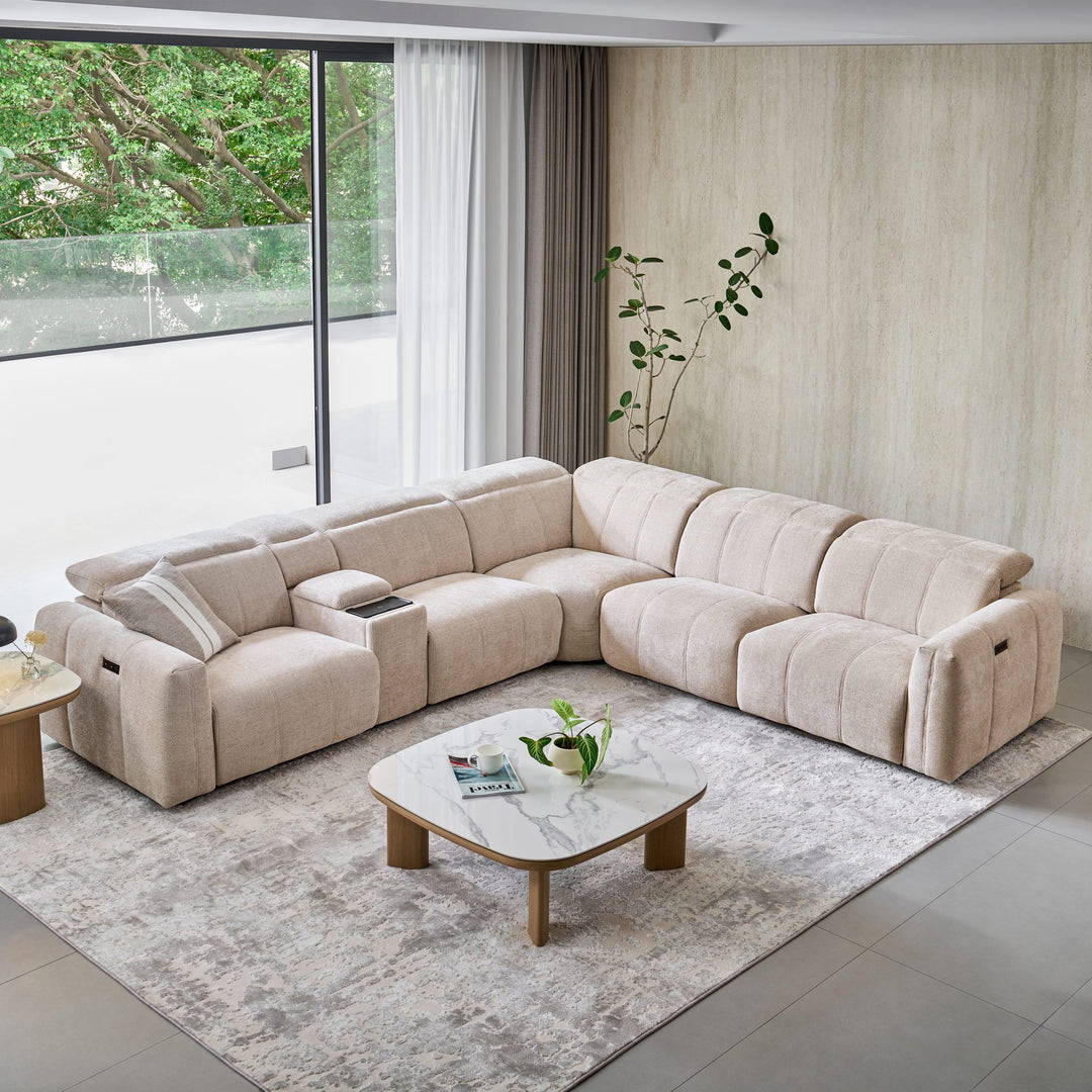 Bailey Corner Sofa in beige fabric with an integrated console, overhead view