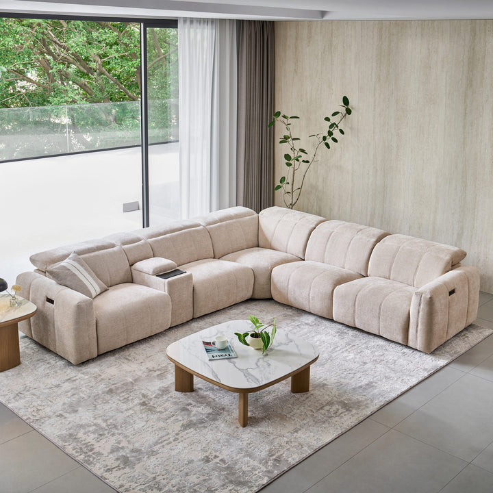 Bailey Corner Sofa in beige fabric with an integrated console, overhead view