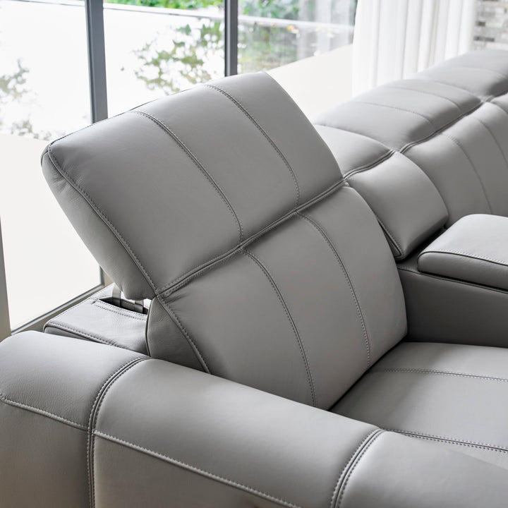 Bailey Chaise Sofa adjustable headrest raised, in grey leather