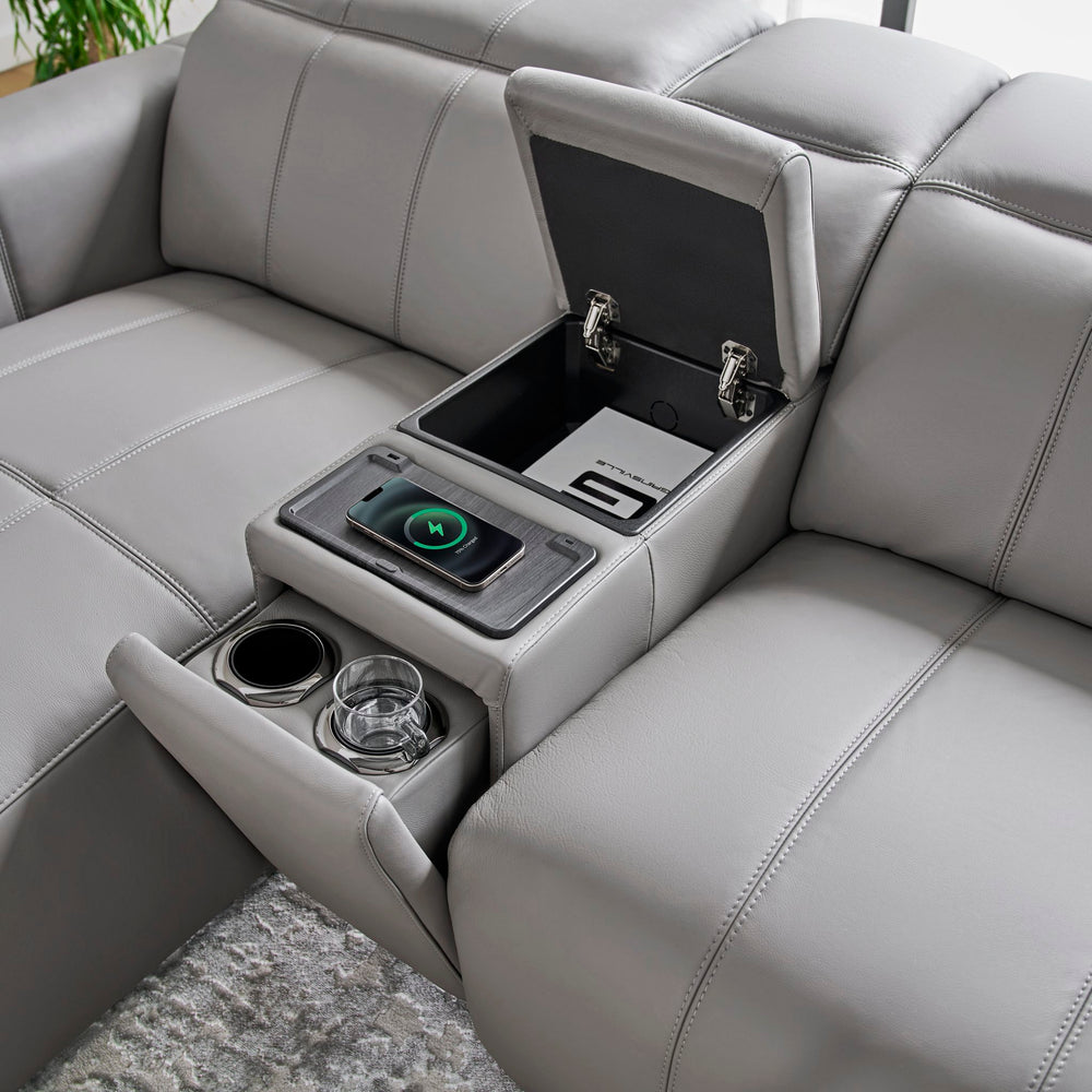 Bailey Chaise Sofa console open, showing storage, cup holders and wireless charger