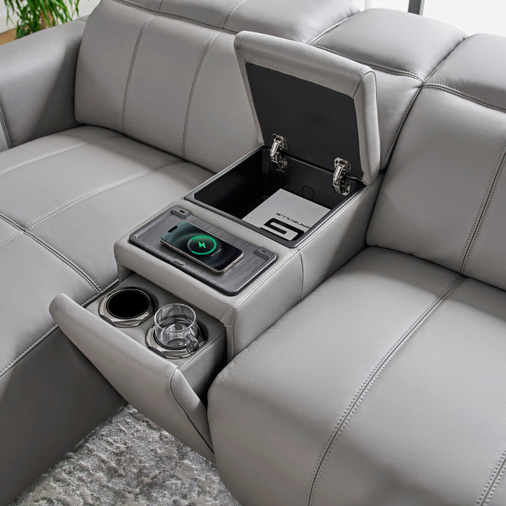 Bailey Chaise Sofa console open, showing storage, cup holders and wireless charger