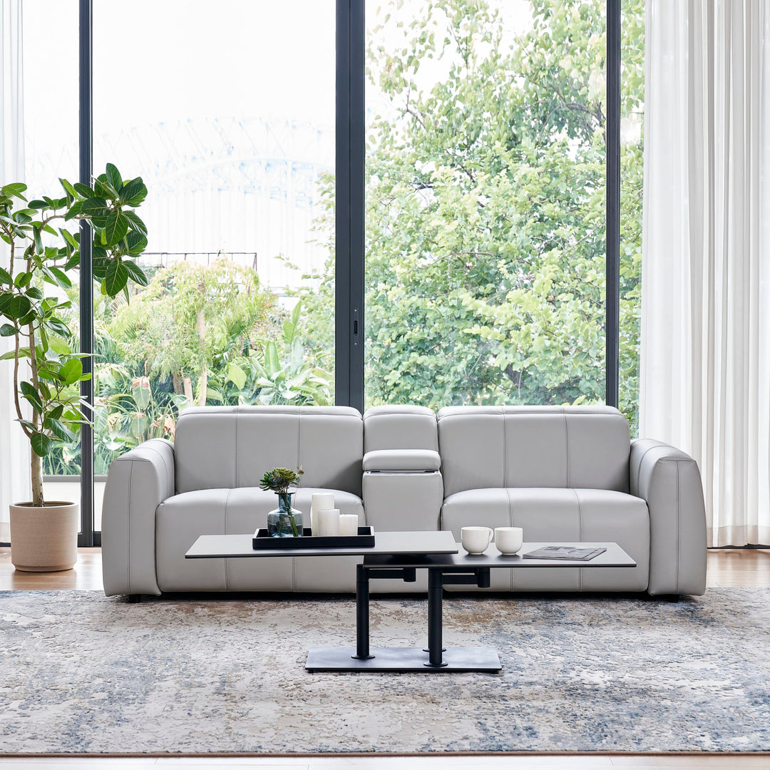 Bailey 2 Seat Sofa in grey leather with a Sofa Media Console, front view