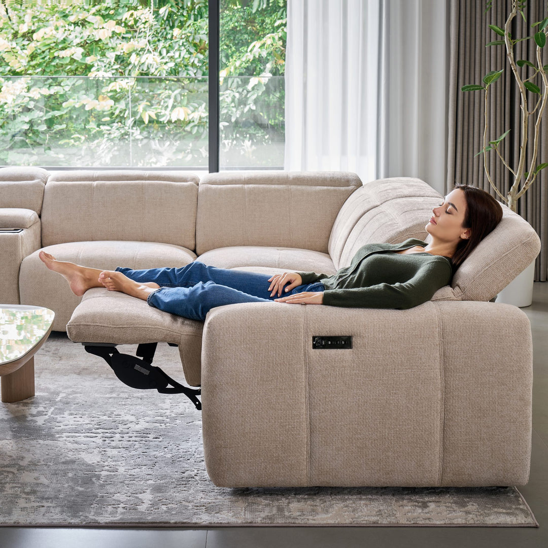 Bailey electric recliner seat fully reclined with the footrest raised