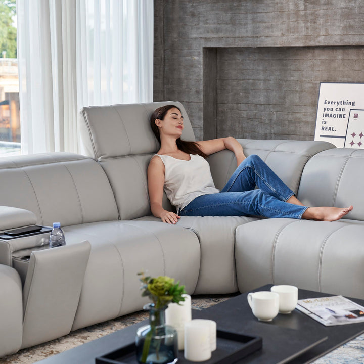 Bailey Corner Sofa in grey leather with the headrest reclined