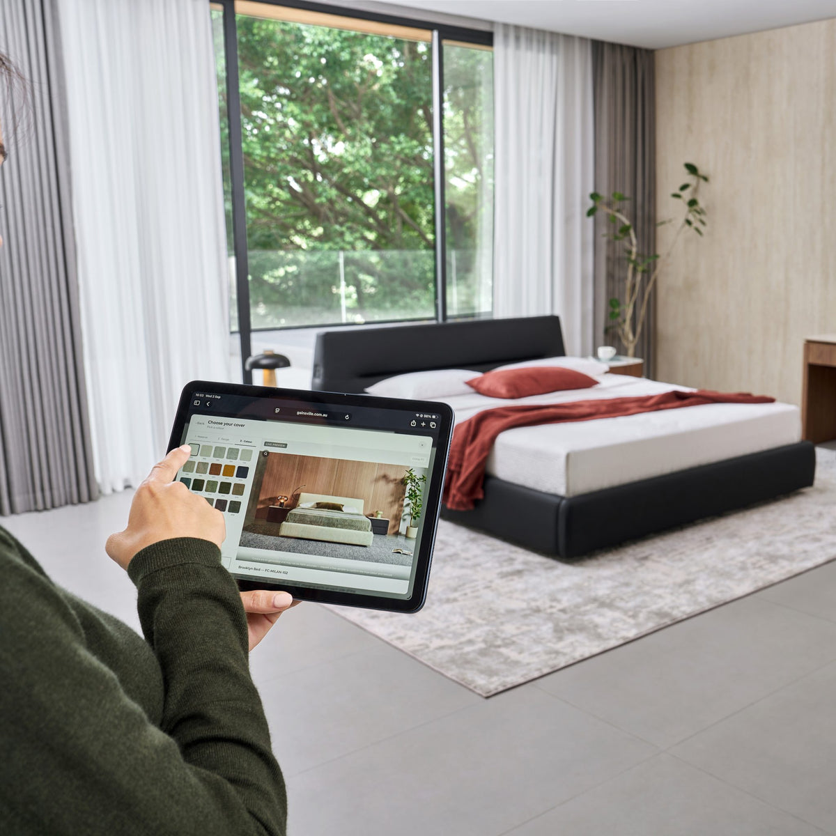 Choosing a custom cover colour for the Brooklyn bed on a tablet